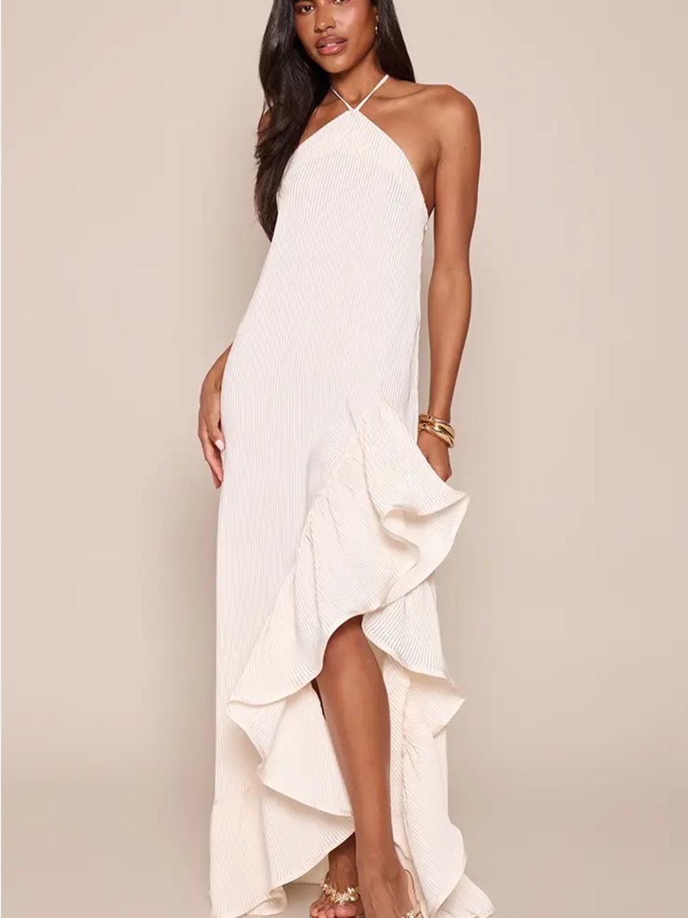 CREAM SATIN PLISSE FRILL DETAIL MAXI DRESS Elegant Halter Ruffle beach bridal
